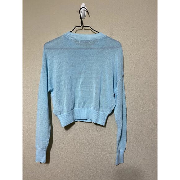 Madewell Sweater Women XXS Blue Long-Sleeve Crop Crew-Neck Sheer Open-Knit NWT - Picture 2 of 8